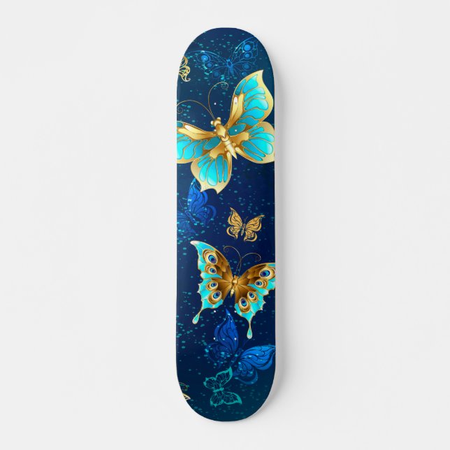 Skateboard Mariposas doradas sobre fondo azul (Anverso )