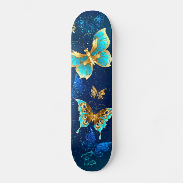 Skateboard Mariposas doradas sobre fondo azul (Anverso)