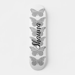 Skateboard Mariposas Gris Plateado Brillo Personalizado