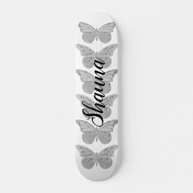 Skateboard Mariposas Gris Plateado Brillo Personalizado (Anverso )