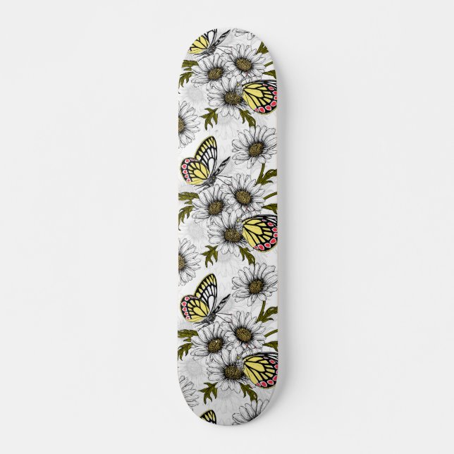 Skateboard Mariposas Jezebel y flores de margarita en blanco (Anverso )