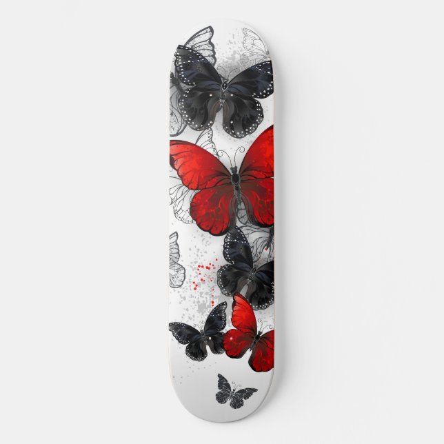 Skateboard Mariposas Morpho voladoras negras y rojas (Anverso)