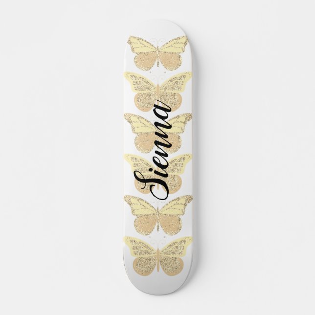 Skateboard Mariposas Personalizadas de Oro Amarillo con Deste (Anverso )