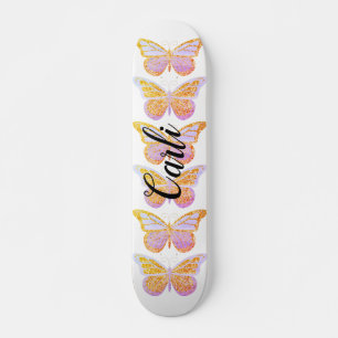 Skateboard Mariposas Personalizadas de Oro Purpura con Brillo