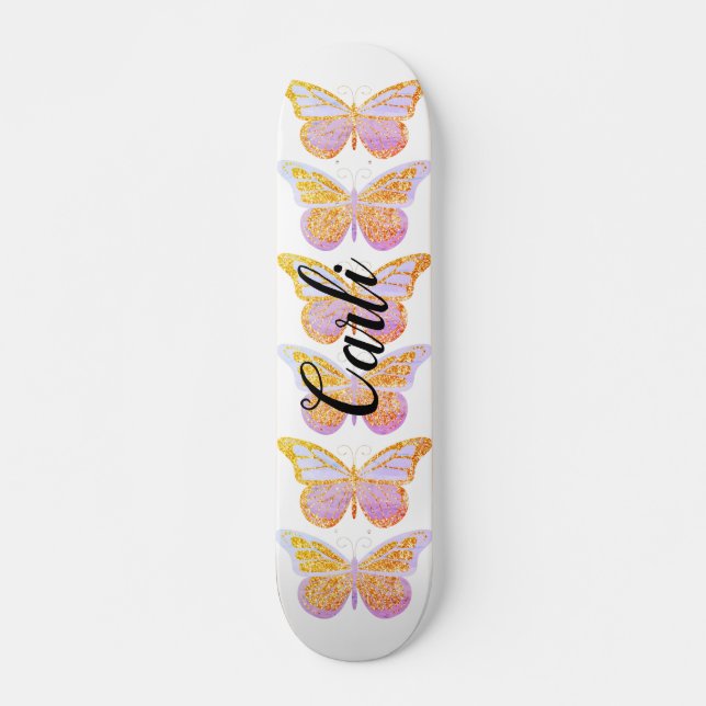 Skateboard Mariposas Personalizadas de Oro Purpura con Brillo (Anverso )