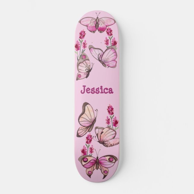 Skateboard Mariposas rosadas finas monograma floral (Anverso)