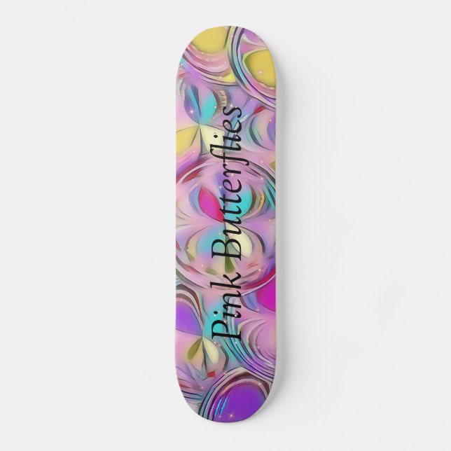 Skateboard Mariposas rosadas resplandecientes (Anverso)