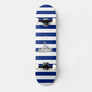Skateboard Marlin Fishing Chrome on Nautical Stripes
