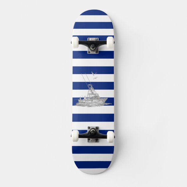 Skateboard Marlin Fishing Chrome on Nautical Stripes (Anverso)