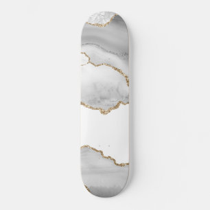 Skateboard Mármol Blanco Gris Ágata Brillante Dorado Refinado