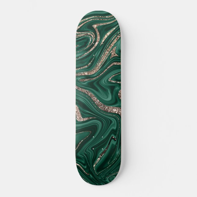 Skateboard Mármol de Purpurina de oro negro verde esmeralda # (Anverso)