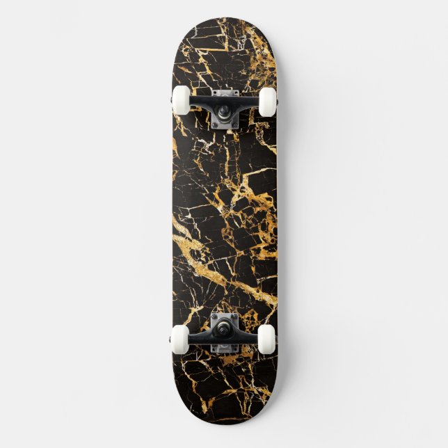 Skateboard Mármol dorado y negro (con camiones y ruedas), (Anverso)