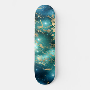 Skateboard Mármol Espacial Negro Verde Noche Estrellada Dorad
