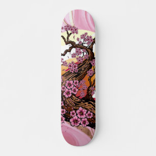 Skateboard Mármol Rosa con Flor de Cerezo Dorada Japonesa