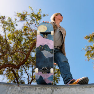 Skateboard Minimalista Luna Estrellas Montaña Valle Celestial