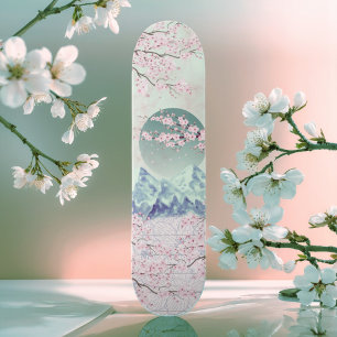 Skateboard Mint Green Blue Pink Cherry Blossom Moon Mountain