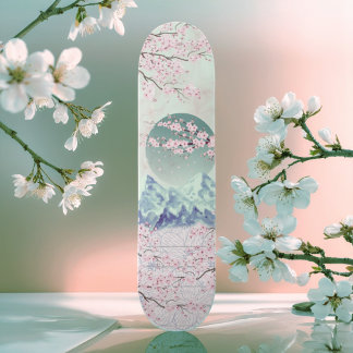 Skateboard Mint Green Blue Pink Cherry Blossom Moon Mountain