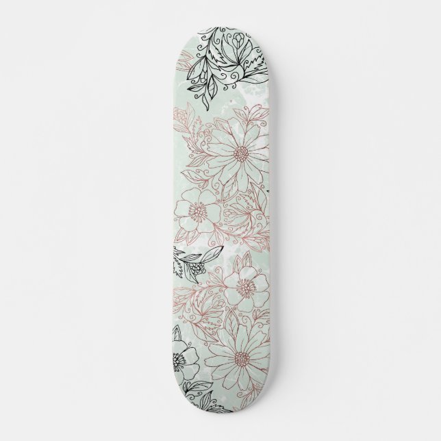 Skateboard Mint Moderno Rosa Negro Oro Mármol Floral (Anverso )