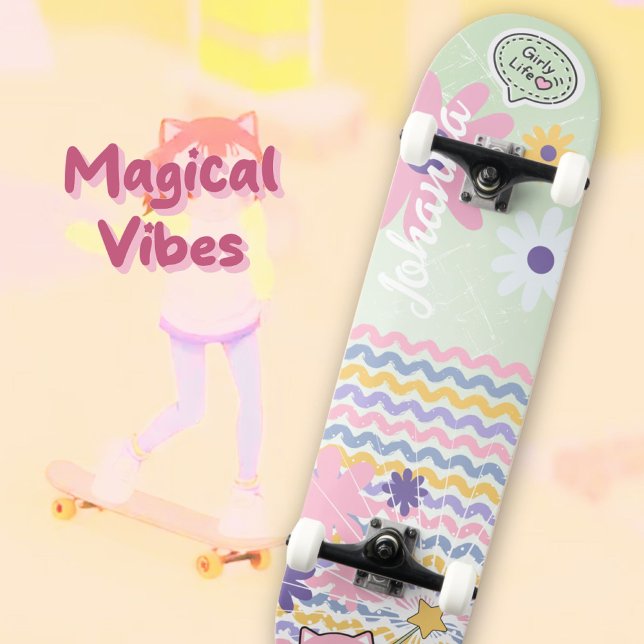Skateboard Mint Pastel Verde Floral Rayado Gato Gato Magnétic (Mint Green Pastel Floral Striped Girly Cat Magical Skateboard ©Susanne Sachers - Sunny Wanderlust 🌞)