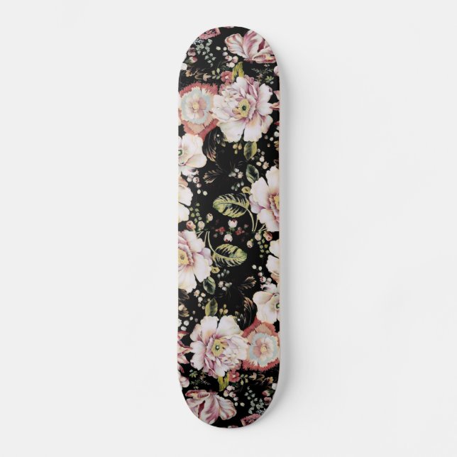 Skateboard moda de campo bohemia francesa floral negra (Anverso)