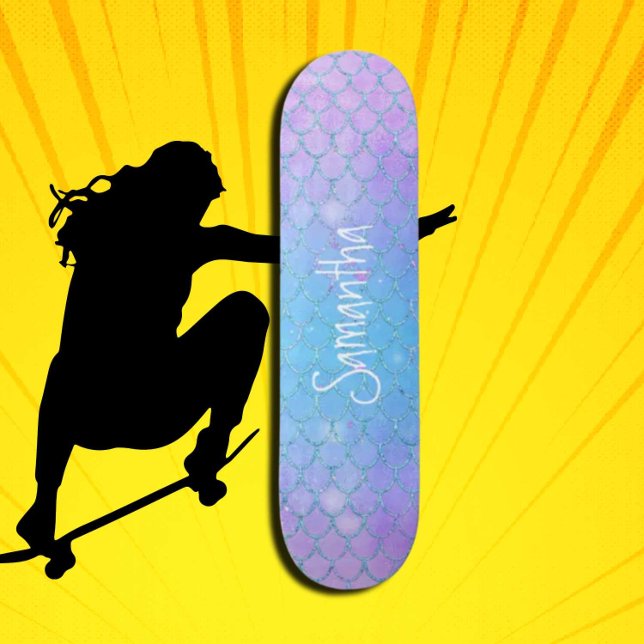 Skateboard Moda de purpurina púrpura de la sirena cruda (Girl Power, Original and best online Zazzle skateboard shop- Urban Warrior)