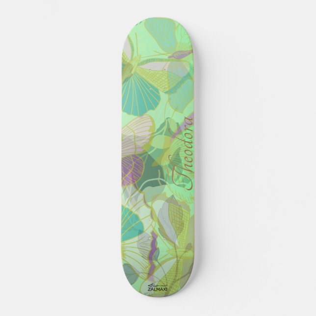 Skateboard Moda Patrón violeta de mariposa dorada Pistachio (Anverso)