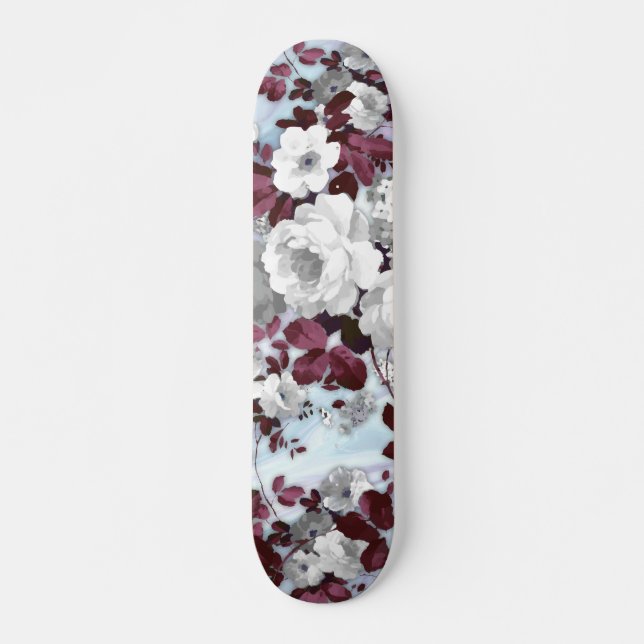 Skateboard Modalidades florales de mármol blanco burdeos y pa (Anverso )