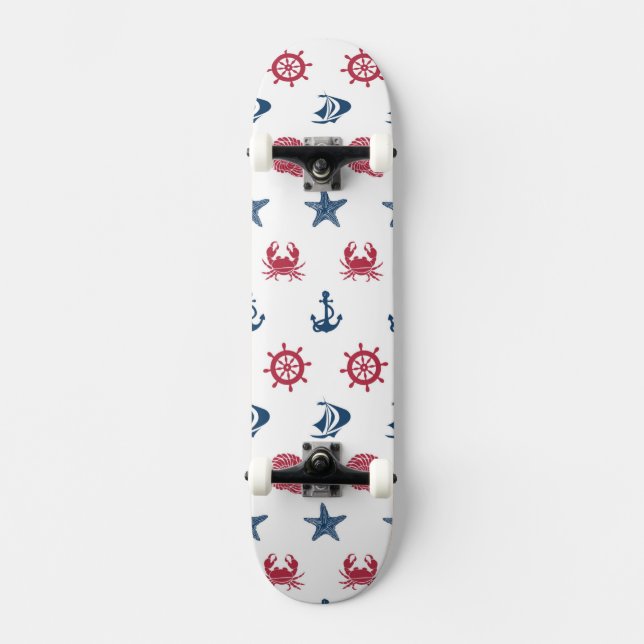 Skateboard Modelo blanco y azul rojo del símbolo del mar (Anverso)