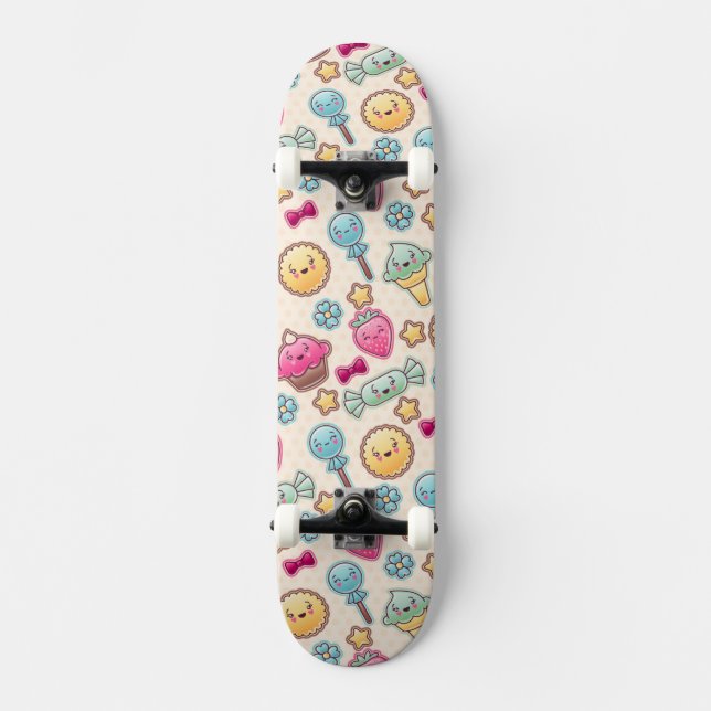 Skateboard Modelo del niño de Kawaii con doodles lindos (Anverso)