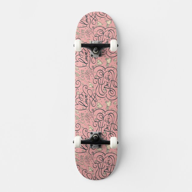 Skateboard Modelo romántico con los corazones y los pájaros (Anverso)