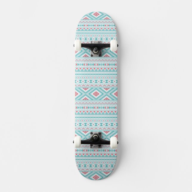 Skateboard Modelo tribal azteca verde azulado y rosado (Anverso)