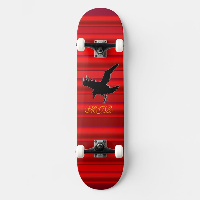 Skateboard Monogram, Black Raven logo on red chrome-effect (Anverso)