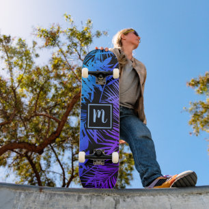 Skateboard Monograma azul púrpura ombre hoja moderno fresco t