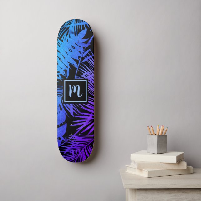 Skateboard Monograma azul púrpura oscuro hoja fresca moda mod (Arte de la pared)
