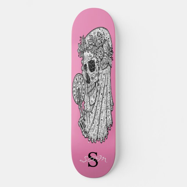 skateboard Monograma Boda rosa Skull (Anverso)