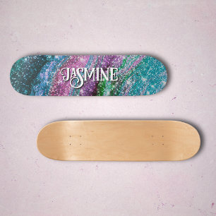 Skateboard Monograma caprichoso ondulado azul púrpura Glitter