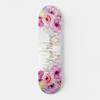 Skateboard Monograma Colorido color Plata Floral Rosa Elegant
