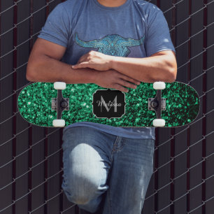 Skateboard Monograma de brillo falso verde esmeralda