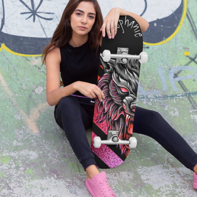 Skateboard Monograma de cabeza de lobo rosa (Subido por el creador)