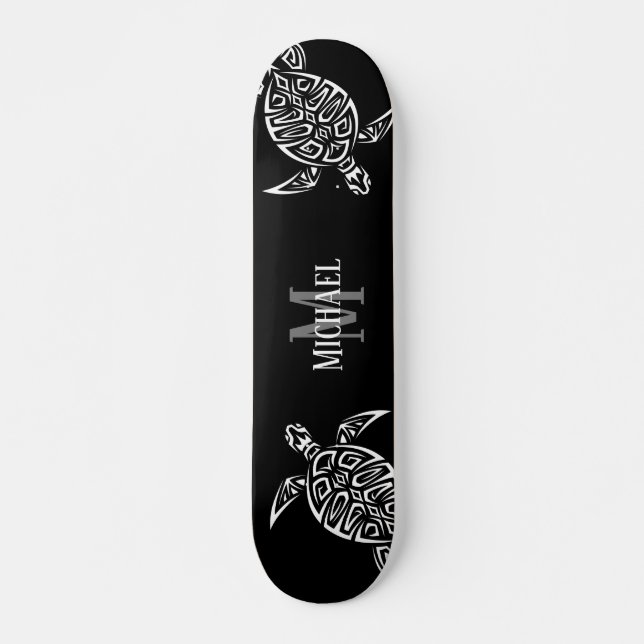 Skateboard Monograma de fondo negro tribal de tortuga blanca  (Anverso )