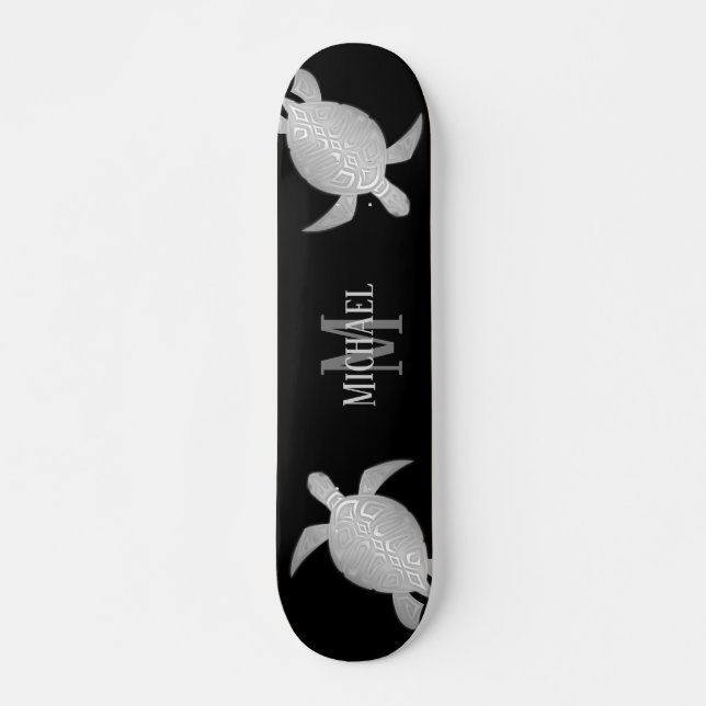 Skateboard Monograma de fondo negro tribal de tortuga platead (Anverso )