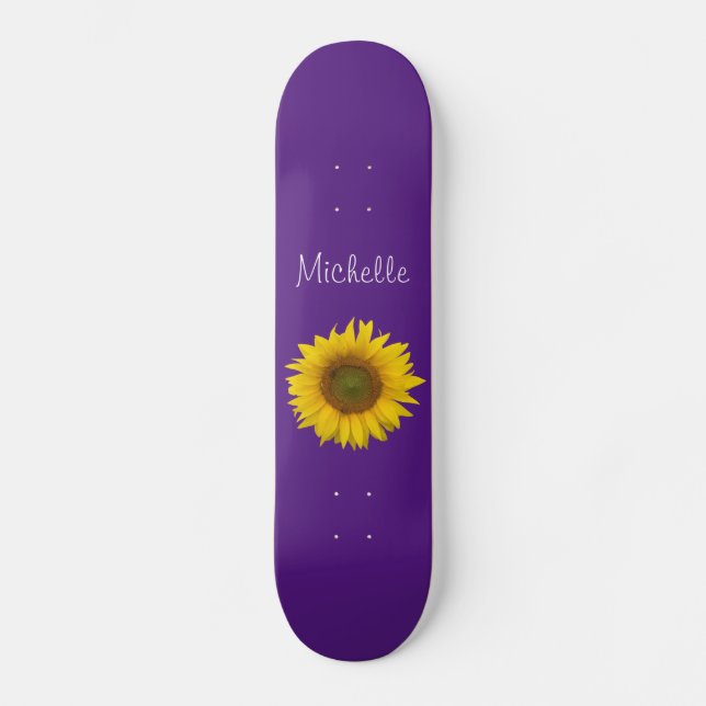 Skateboard Monograma de girasol amarillo morado (Anverso)