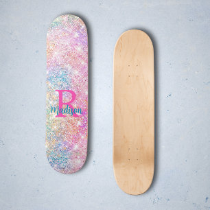 Skateboard Monograma de imitación rosa de iridiscino blanco u