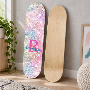 Skateboard Monograma de imitación rosa de iridiscino blanco u