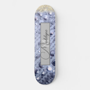 Skateboard Monograma de las perlas azules Purpurinoso deslumb