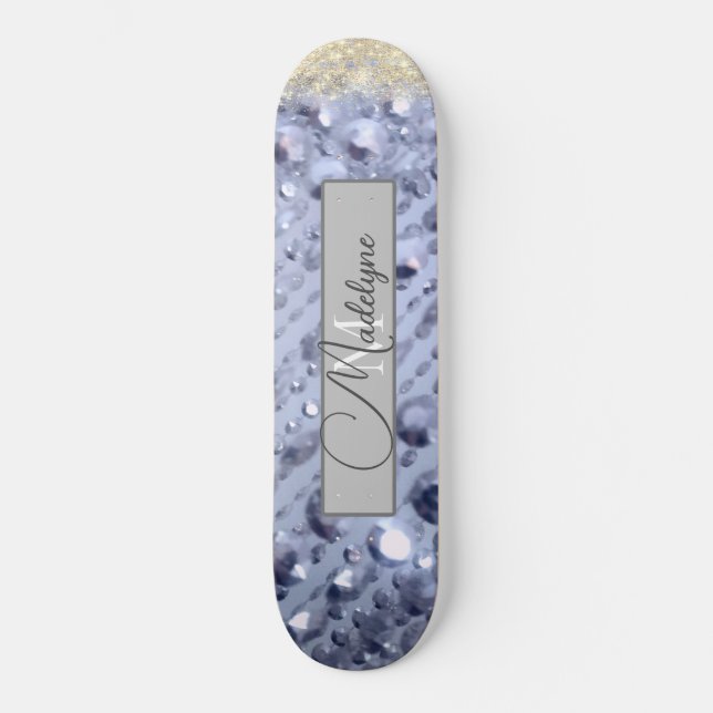 Skateboard Monograma de las perlas azules Purpurinoso deslumb (Anverso)