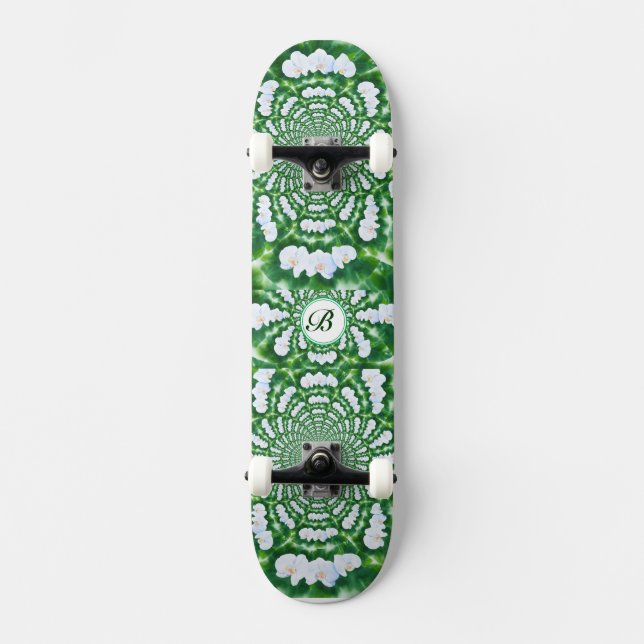 Skateboard Monograma de Mandala Orquídea Blanca (Anverso)