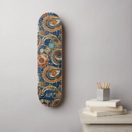 Skateboard Monograma del patrón de paisley celeste de oro azu