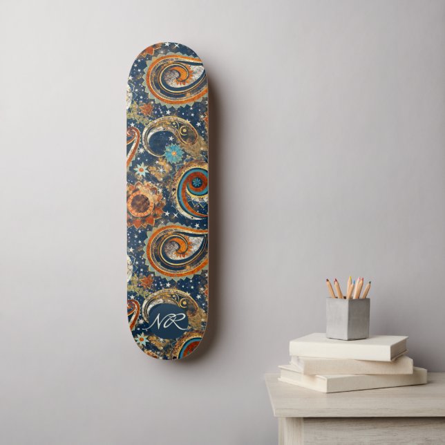 Skateboard Monograma del patrón de paisley celeste de oro azu (Arte de la pared)