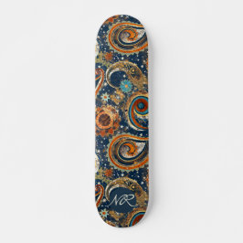 Skateboard Monograma del patrón de paisley celeste de oro azu